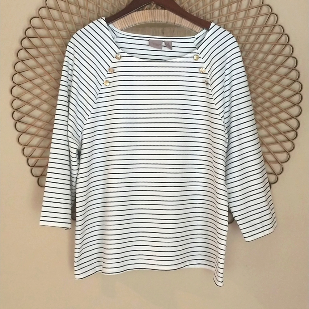 CHICOS Boatneck Striped Top Size 2 White Black  3/4 sleeve